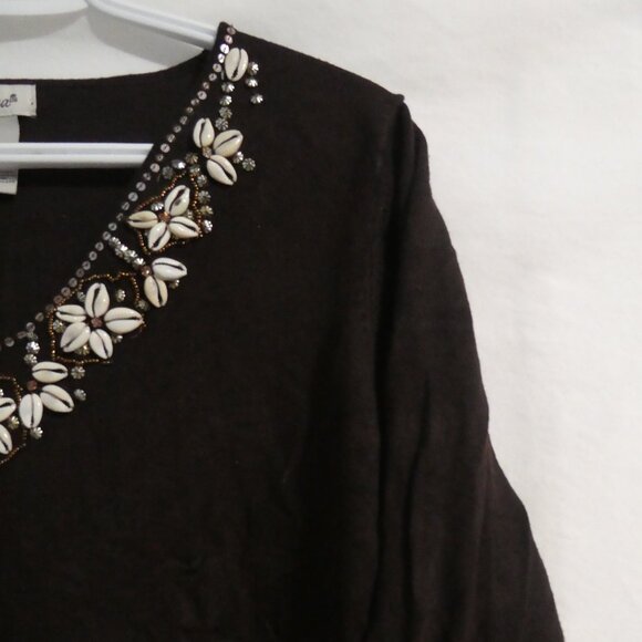JESSICA | large | Brown V-Neck Sweater with Sequin & Sea Shell Floral Design - Picture 5 of 15